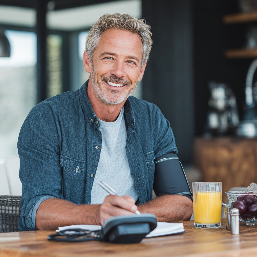 Middle-aged adult sharing success story about natural blood pressure management