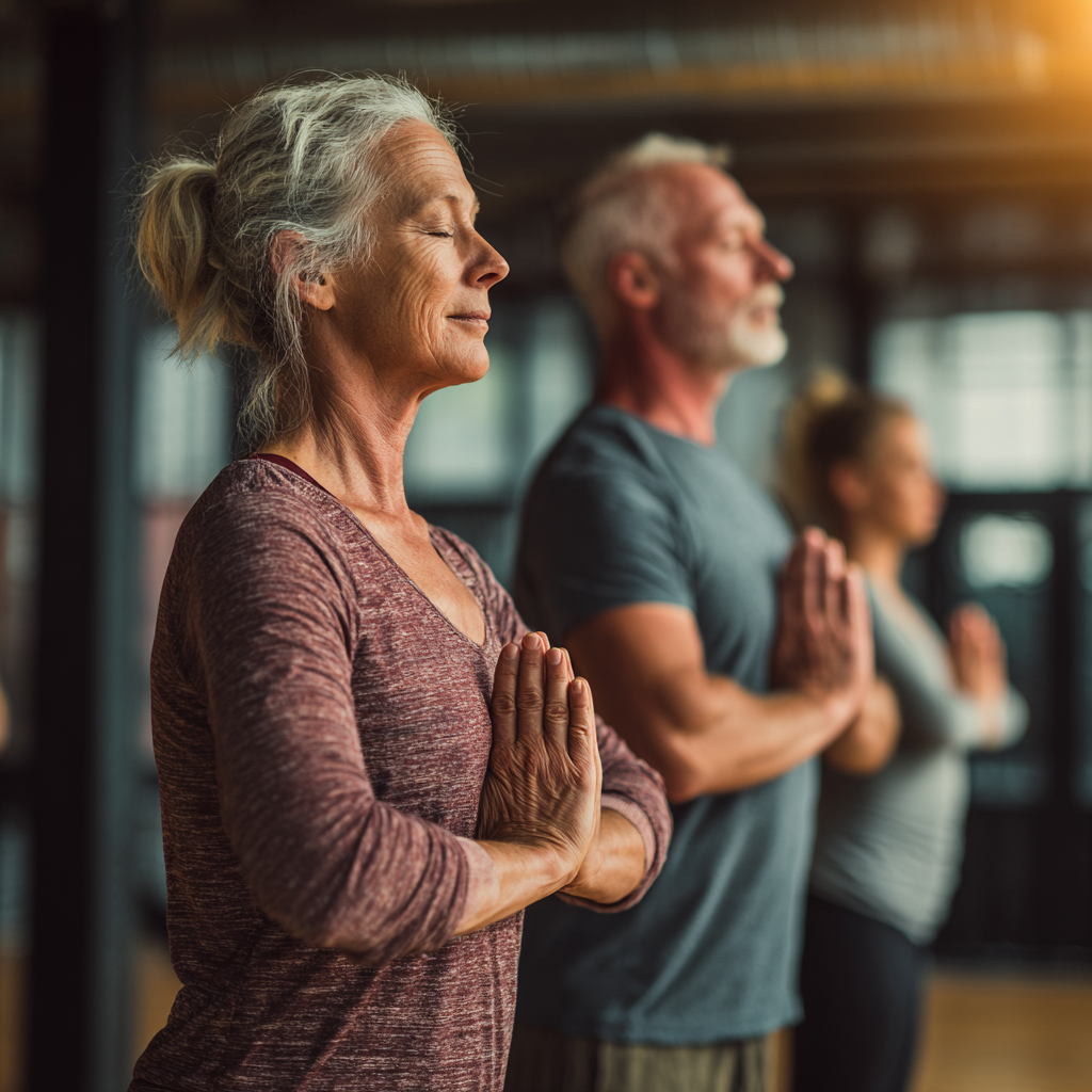 Middle-aged adults doing gentle yoga and walking exercises for heart health