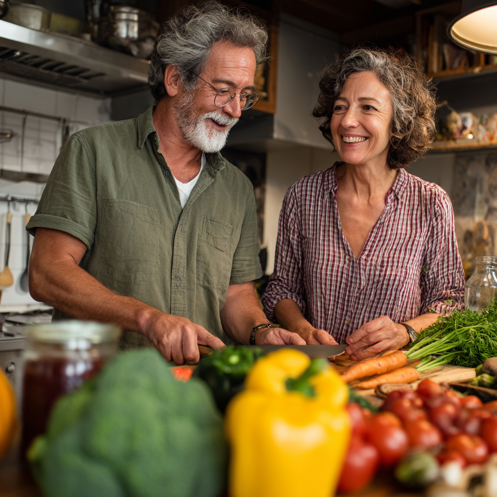 Middle-aged adults practicing healthy lifestyle with natural foods and gentle exercise